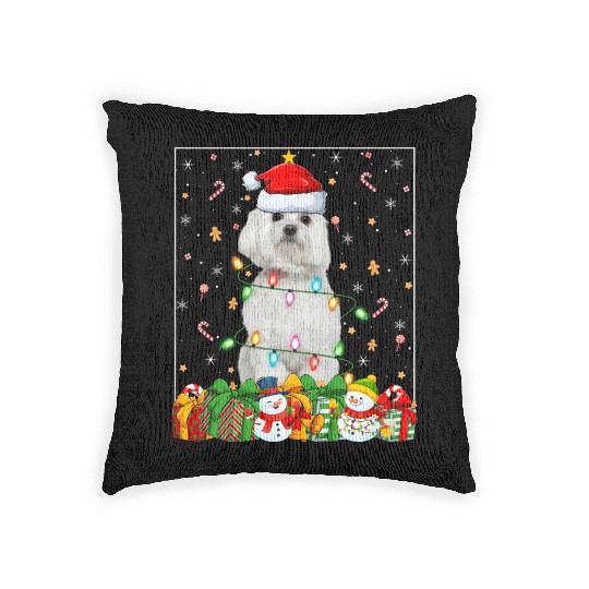 Maltese Dog Christmas Lights Woven Pillows