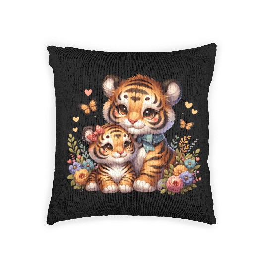 Adorable Tiger Cubs Surrounded by Butterflies and Woven Pillows
