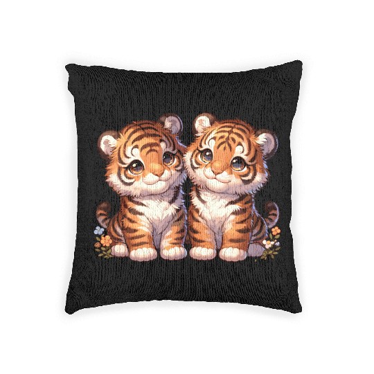 Adorable Twin Tiger Cubs Illustration with Flowers Woven Pillows