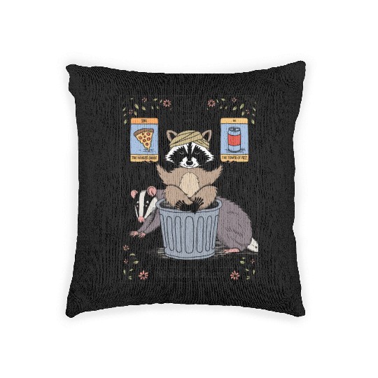 Raccoon and Badge Tarot Card Inspired Humor Woven Pillows