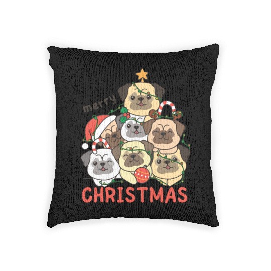 Pug Christmas Tree Merry Christmas Woven Pillows