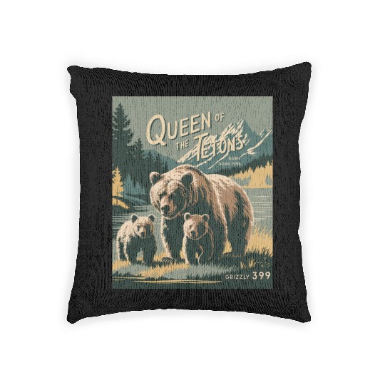 Queen of the Tetons Grizzly 399 Vintage Nature Art Woven Pillows