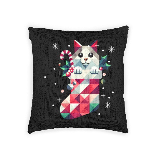 cute cat in a colorful Christmas stocking Woven Pillows