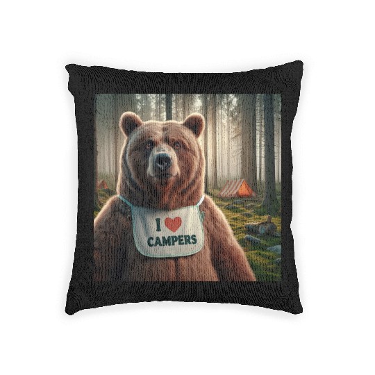 I love campers Grizzly bear with bib Woven Pillows
