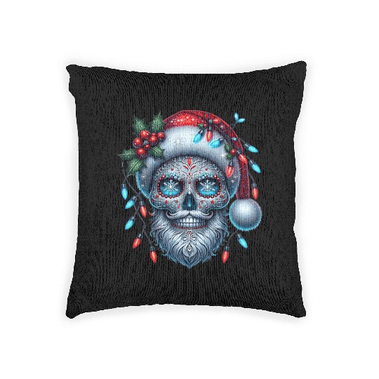 Festive Sugar Skull Santa Christmas Vibes Woven Pillows