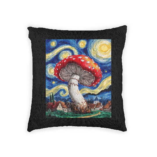 Starry Night Mushroom: Surreal Watercolor Dreamsca Woven Pillows