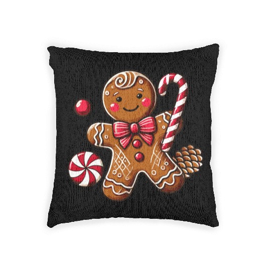 Happy gingerbread man with candy cane Woven Pillows