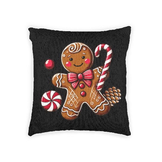 Happy gingerbread man with candy cane Woven Pillows