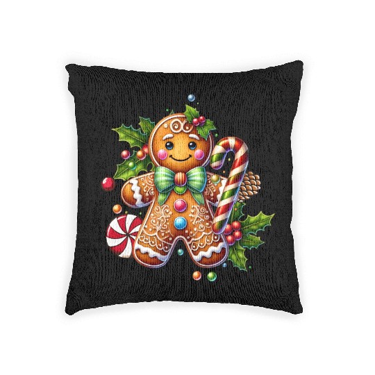 Happy gingerbread man with candy cane Woven Pillows
