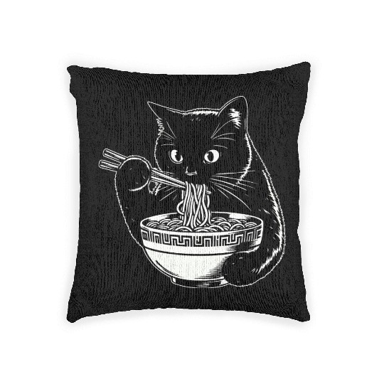 Cat Eating Ramen Noodles Japanese Funny Woven Pillows