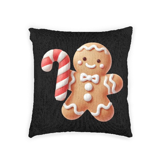Happy gingerbread man with candy cane Woven Pillows