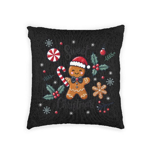 Happy gingerbread man with candy cane Woven Pillows