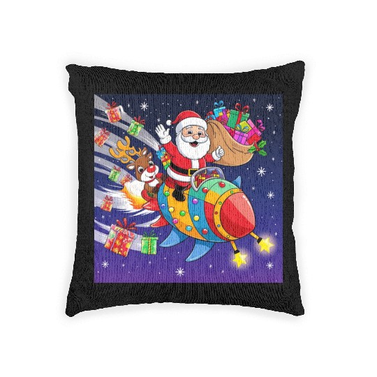 Reindeer with father christmas and spaceship Woven Pillows
