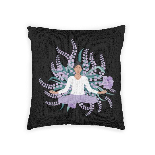 Yoga Woman With Wild Purple Flowers Woven Pillows