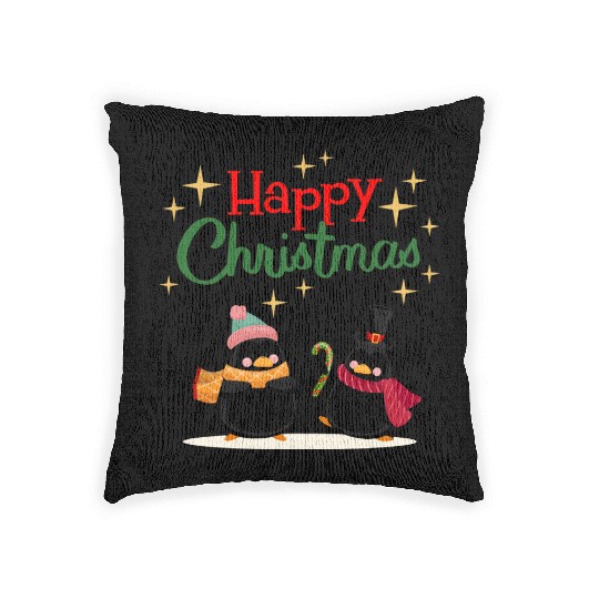 Cute cartoon penguins celebrating Christmas Woven Pillows