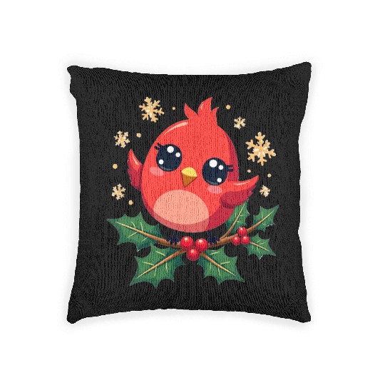 Elegant Christmas Cardinal on Holly Branch Woven Pillows