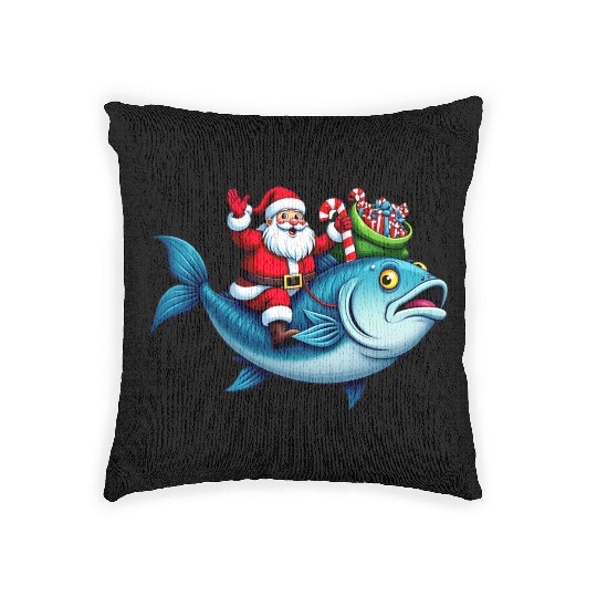 Santa on Bass Merry Fishmas Fishing Christmas Woven Pillows