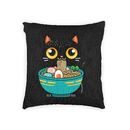 Funny Cat Eating Ramen Japanese Cat Ramen Noodles Woven Pillows