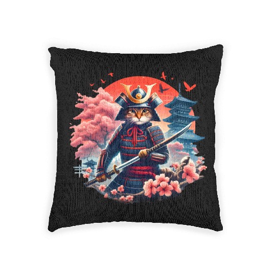 Samurai Cat Graphic Warrior Vintage Japanese Anime Woven Pillows