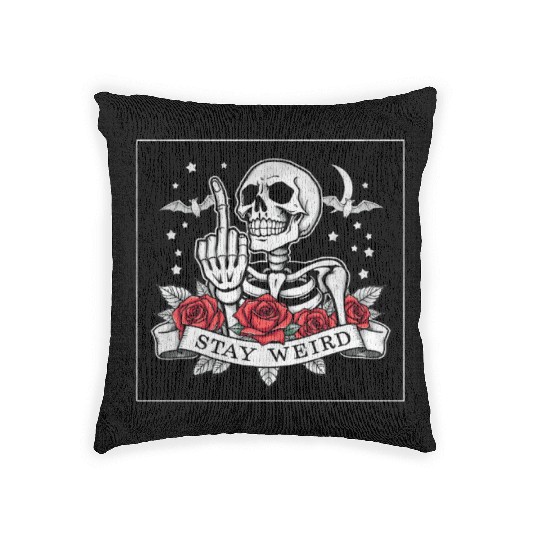 Stay weird skeleton middle finger Woven Pillows