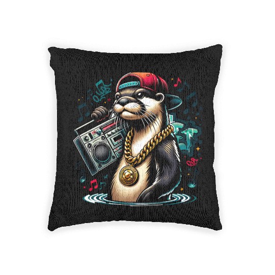 Hip Hop Otter with Boombox and Gold Chain Woven Pillows
