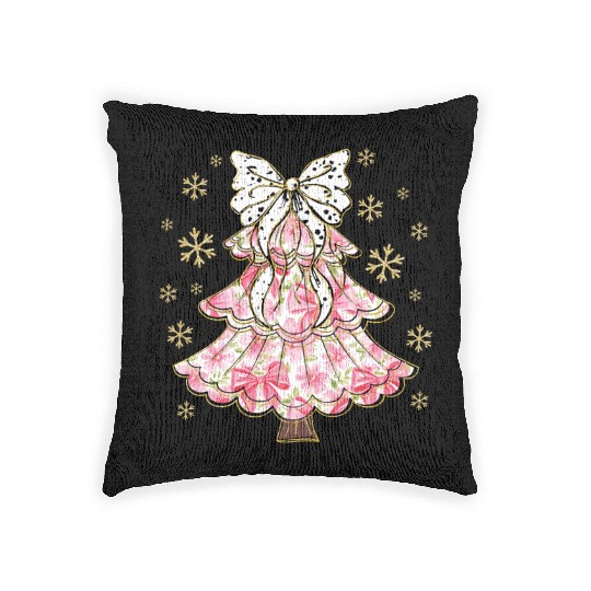 Preppy Pink Coquette Bow Xmas Tree Woven Pillows