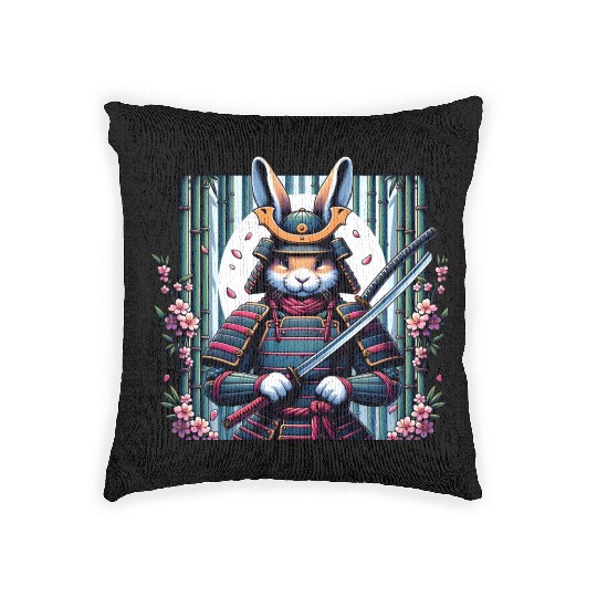 Samurai Rabbit with Katana and Cherry Blossoms Woven Pillows