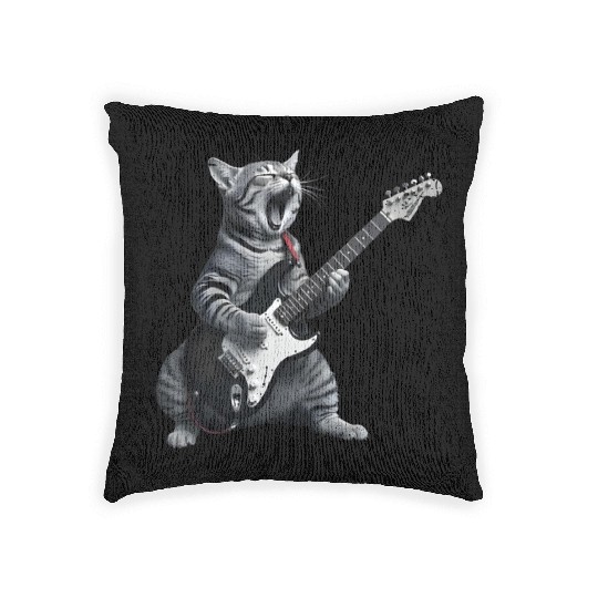 Cat Playing Guitar Rock Star Woven Pillows