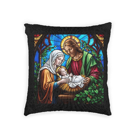 Holly family cristal stained glass image Woven Pillows