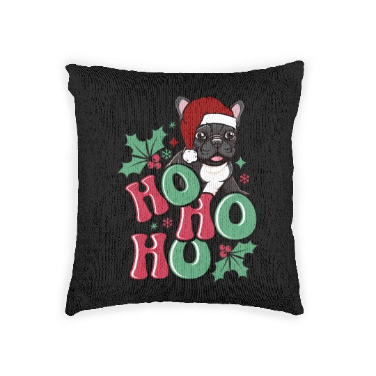HO HO HO French Bulldog Holly Leaf Funny Woven Pillows
