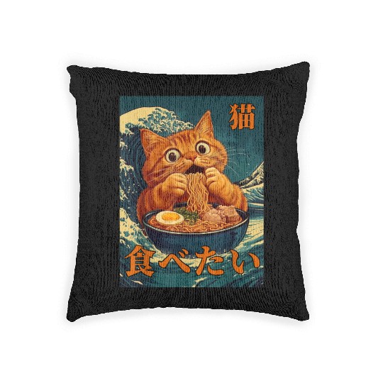 Cat Ramen Japanese Graphic Art Kids Men Women Fun Woven Pillows