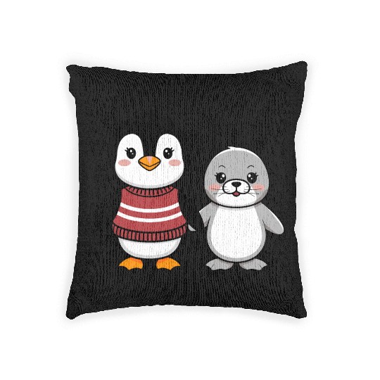 Cute Penguin and Seal Best Buddies Friends Woven Pillows