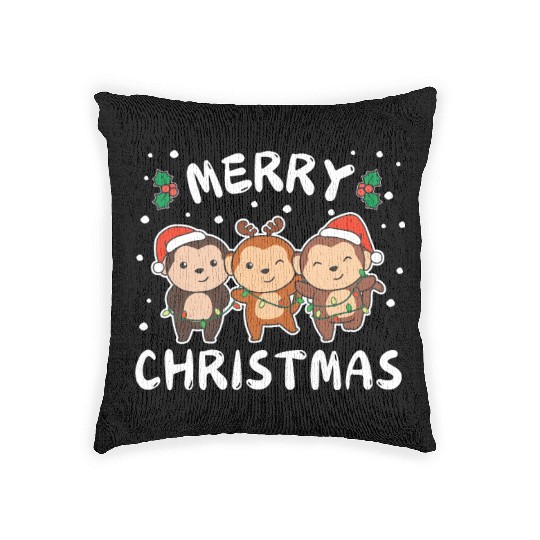 Merry Christmas Cute Monkey Festive Lights Monkey Woven Pillows