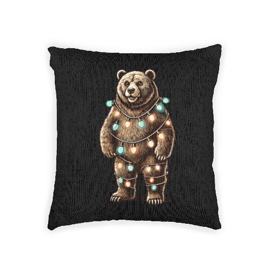 Funny Bear Wrapped With Fairy Lights Woven Pillows