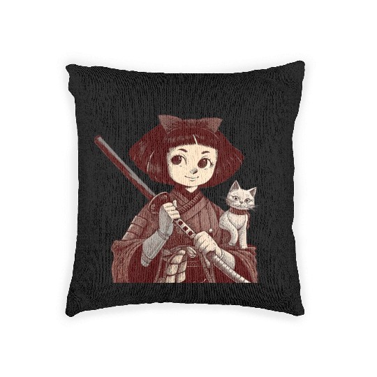 Chibi Samurai Warrior Cat Companion & Blossoms Woven Pillows
