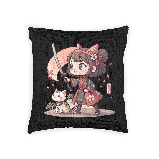 Adorable Anime Samurai Girl: Cat & Katana Design Woven Pillows