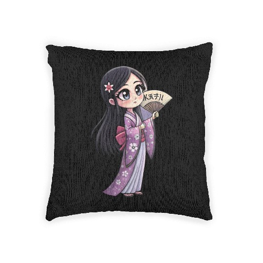 Cute Chibi Geisha Anime Inspired Kimono Design Woven Pillows