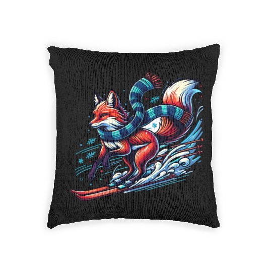 Fox Skiing Adventure in Winter Wonderland Woven Pillows