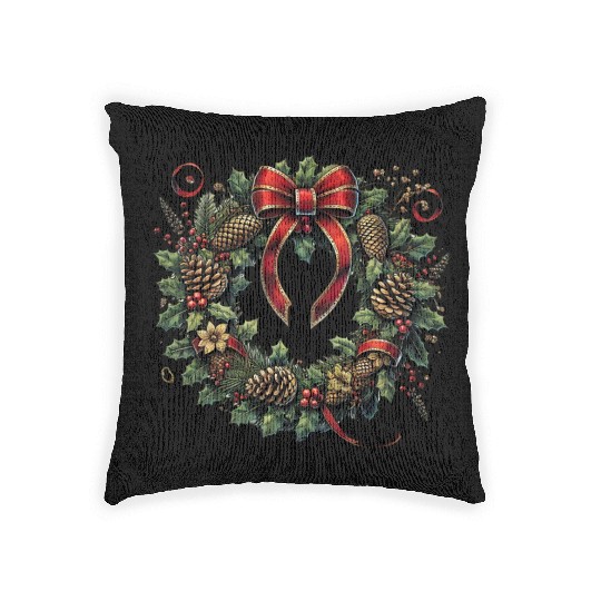 Rustic Christmas Wreath with Holly and Pine Cones Woven Pillows