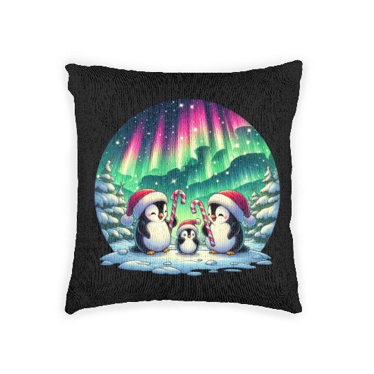Penguin Family Christmas under the Aurora Woven Pillows