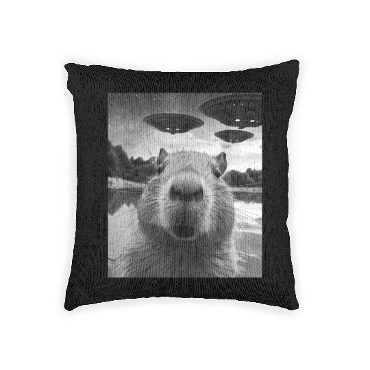 Funny Graphic Capybara Selfie with UFOs Weird Woven Pillows