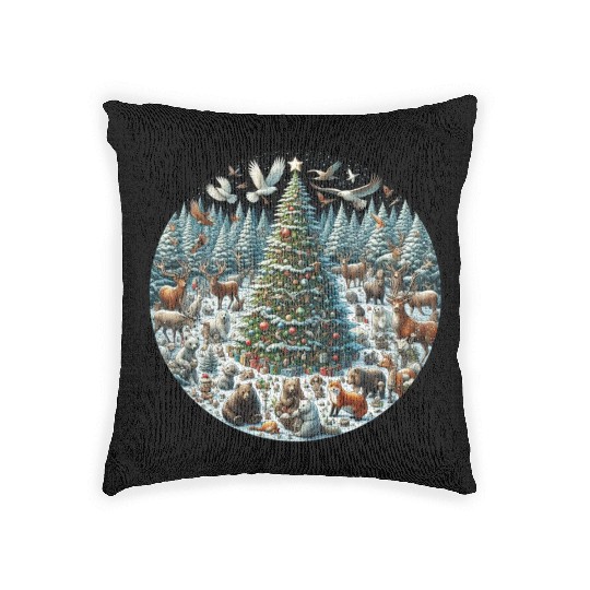 Snow-Dusted Christmas Tree with Woodland Animals Woven Pillows