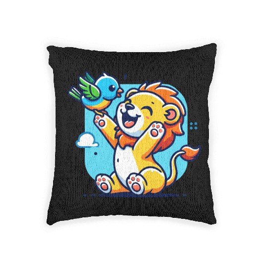 cute lion cub playing with a colorful bird Woven Pillows