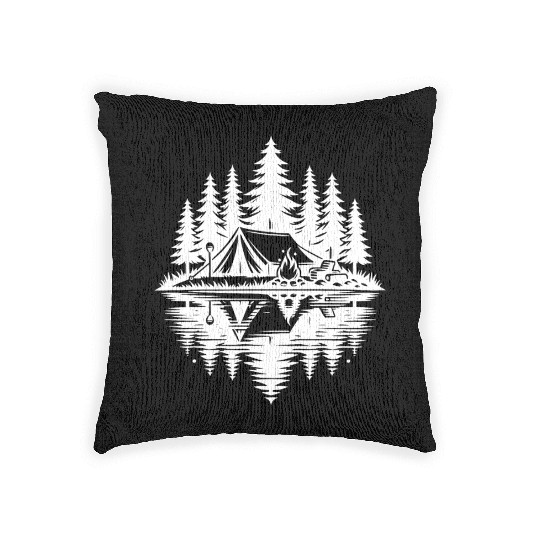Camping By The Lake In The Forest Campfire Nature Woven Pillows