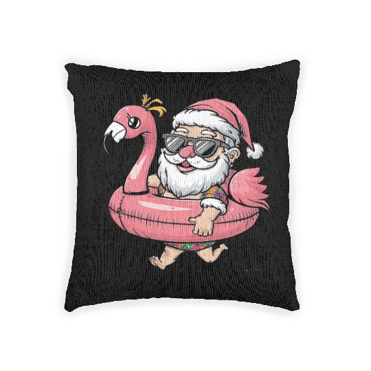 Summer Santa Claus with Flamingo Float Woven Pillows