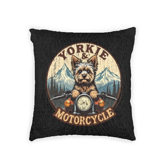 Retro Yorkie And Motorcycle Dog Lovers Funny Motor Woven Pillows