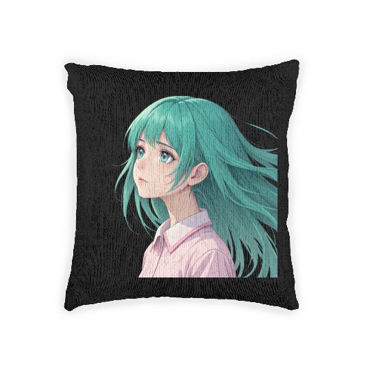Teal Tresses: A Vision of Anime Serenity and Wonde Woven Pillows
