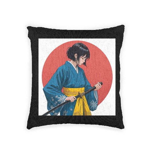 Blossom and Blade: Kimono-Clad Warrior Girl, Japan Woven Pillows