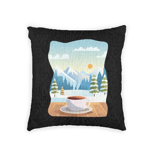 Coffee Cup and Winter Mountain View Woven Pillows