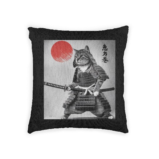Kawaii Japanese Samurai Cat Vintage Japanese Cat Woven Pillows